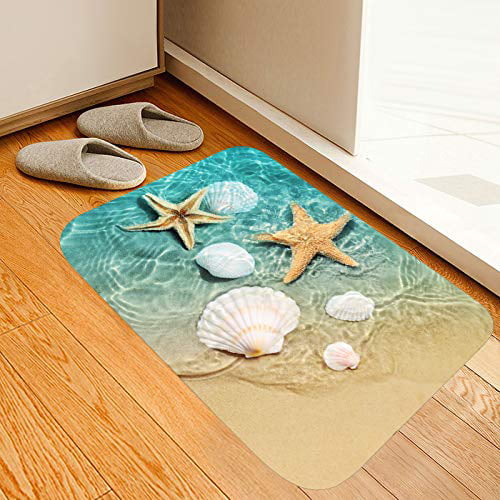 Beach Starfish Scallop Print Memory Foam Bath Rugs and doormats Non Slip Absorbent Super Cozy Flannel Bathroom Rug Carpet 
